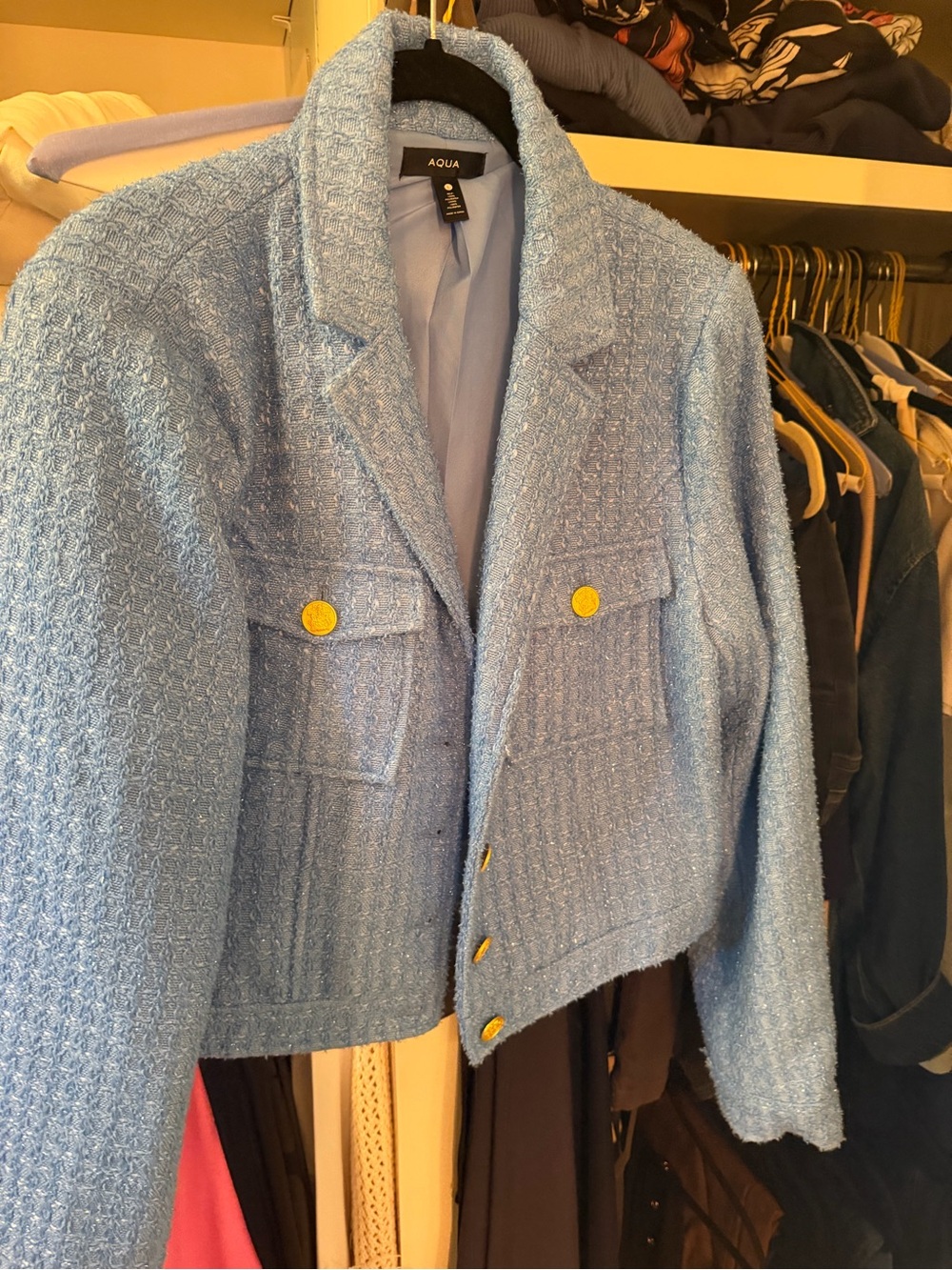Aqua Light Blue Bouclé Cropped Jacket with Gold Buttons